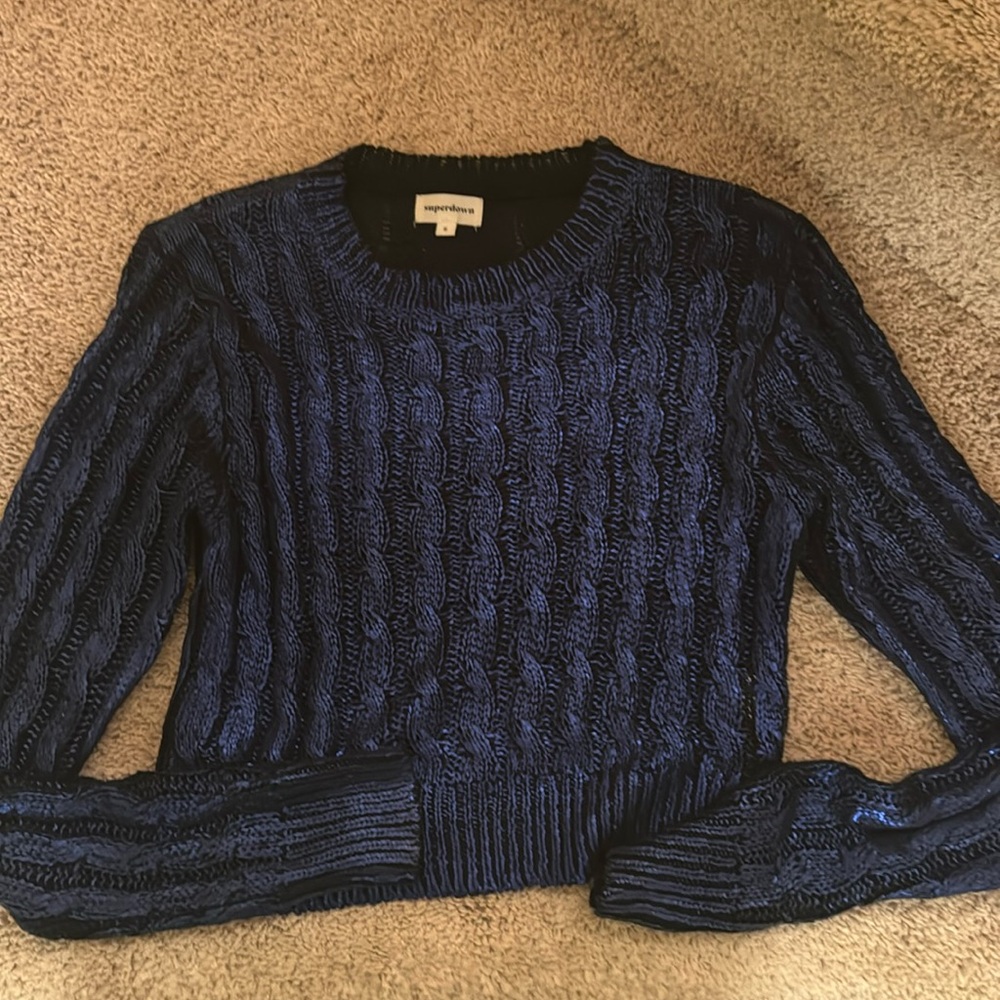 Super down shimmery blue size small long sleeve cable sweater
